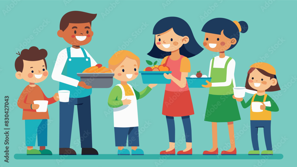 Children eagerly help their parents serve meals to community members learning the importance of giving back to those in need from a young age.. Vector illustration Children eagerly help their parents serve meals to community members learning the importance of giving back to those in need from a young age.. Vector illustration