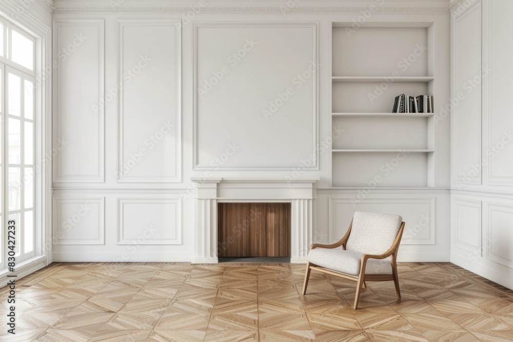 Empty room with white walls and chair in front of bookshelf in minimalistic style for home interior design concept Empty room with white walls and chair in front of bookshelf in minimalistic style for home interior design concept
