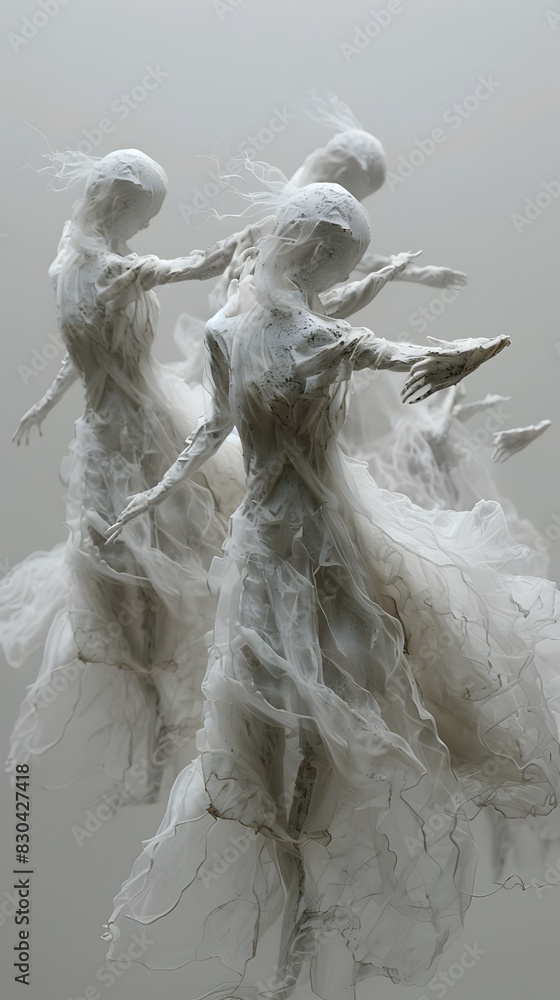 Ethereal Anthropomorphic Beings Engage in Serene Meditative Dance Amid Impressionistic Landscape Ethereal Anthropomorphic Beings Engage in Serene Meditative Dance Amid Impressionistic Landscape