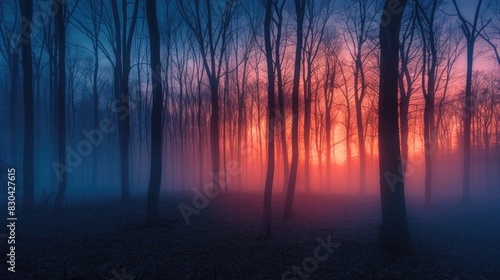 A blurry forest scene with trees and a sunset in the background  A wide angle long exposure photograph of forest with fog is silky smooth