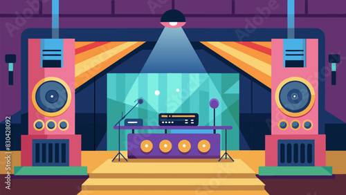 In the center of the gym a stage was set up with a DJ booth and microphone ready to host games and performances.. Vector illustration