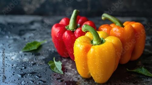 Red orange and yellow bell peppers that are freshly picked photo