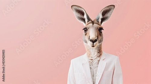 Stylish Kangaroo Wearing Chic Ivory Blazer and Minimalist Jumpsuit Against Soft Pink Background