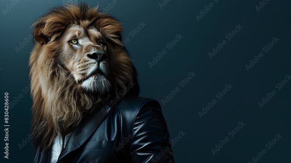 Stylish Lion in Tuxedo Gazes Ahead on Moody Blue Background with Copy Space Stylish Lion in Tuxedo Gazes Ahead on Moody Blue Background with Copy Space