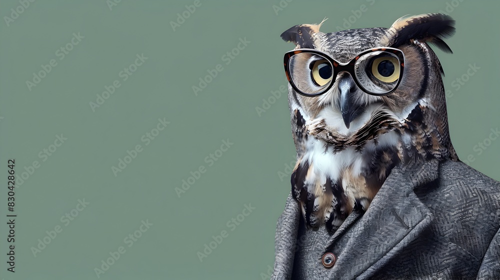 Fototapeta premium Stylish Owl Portrait in Charcoal Gray Suit and Horn Rimmed Glasses Against Soft Sage Green Background