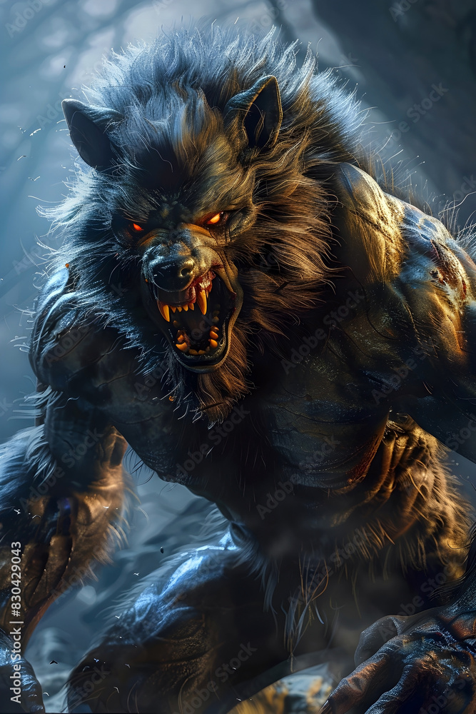 Naklejka premium Fearsome Half-Man,Half-Wolf Hybrid Creature in Dynamic Action Pose with Glowing Eyes and Razor-Sharp Claws