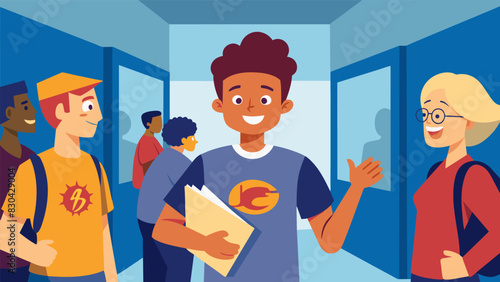 In the hallway a senior proudly wears a shirt with their future colleges logo on it excitedly sharing their acceptance news with classmates.. Vector illustration