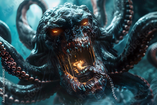 Fearsome Mythical Kraken Creature Emerging from Raging Ocean Depths photo
