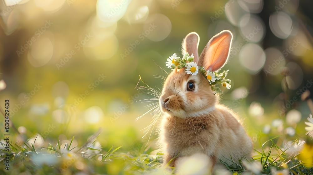 Rabbit in Floral Crown Rejoices in the SunDrenched Meadow During Springs Embrace Rabbit in Floral Crown Rejoices in the SunDrenched Meadow During Springs Embrace