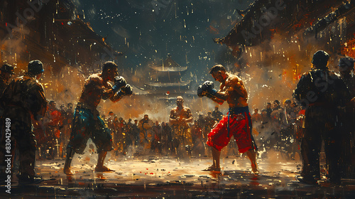 Professional young athletes an MMA fight during a cold night with a lively audience