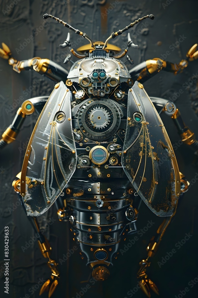 Fototapeta premium Futuristic Mechanical Insect with Intricate Metallic Plates and Gears:An Intricately Detailed 3D Rendering Inspired by Biopunk and Steampunk