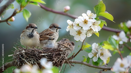 Springtime Nesting A Family of Birds Constructing a Home in a Blossoming Tree