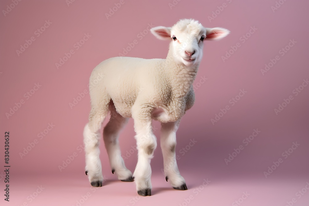 Fototapeta premium White wool fur little lamb kid standing against pink background, cute newborn sheep