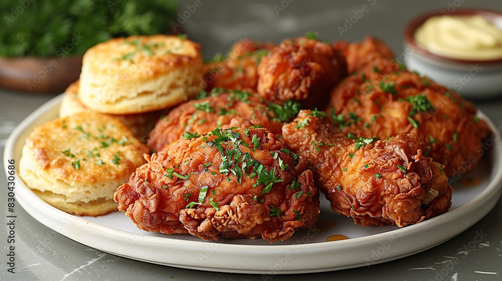 crispy fried chicken meal with a garnish of fresh parsley crispy fried chicken meal with a garnish of fresh parsley