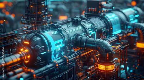 Hyper-Detailed Power Plant Facility with Towering Steel Machinery and Glowing Blue Energy Conduits