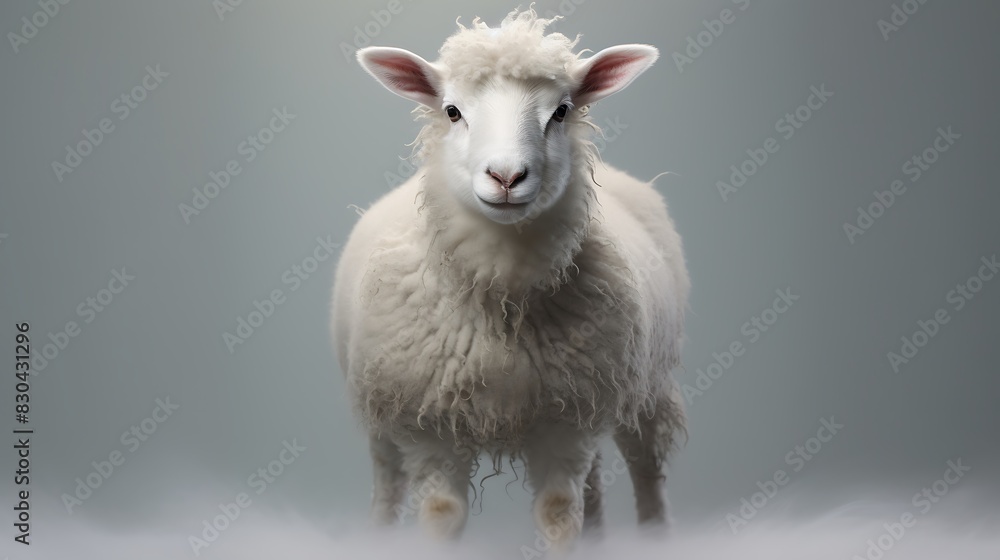 Fototapeta premium Full-body sheep kid standing looking at camera isolated on plain background