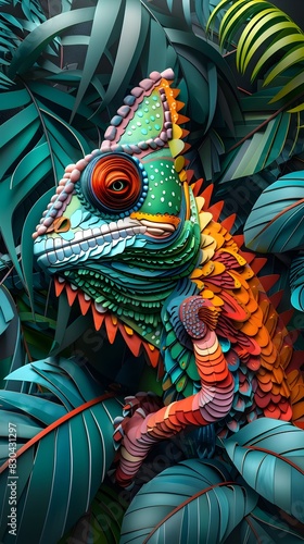 Intricate Paper Collage Chameleon with Layered Textures and Vibrant Colors in Studio