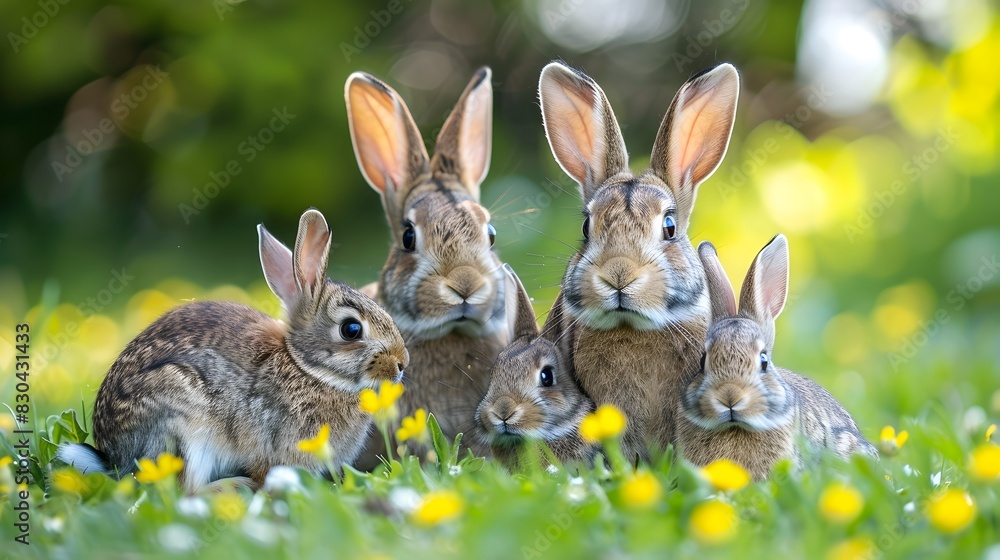 Rabbit Family's Warm Spring Day Delight in Vibrant Meadow Rabbit Family's Warm Spring Day Delight in Vibrant Meadow