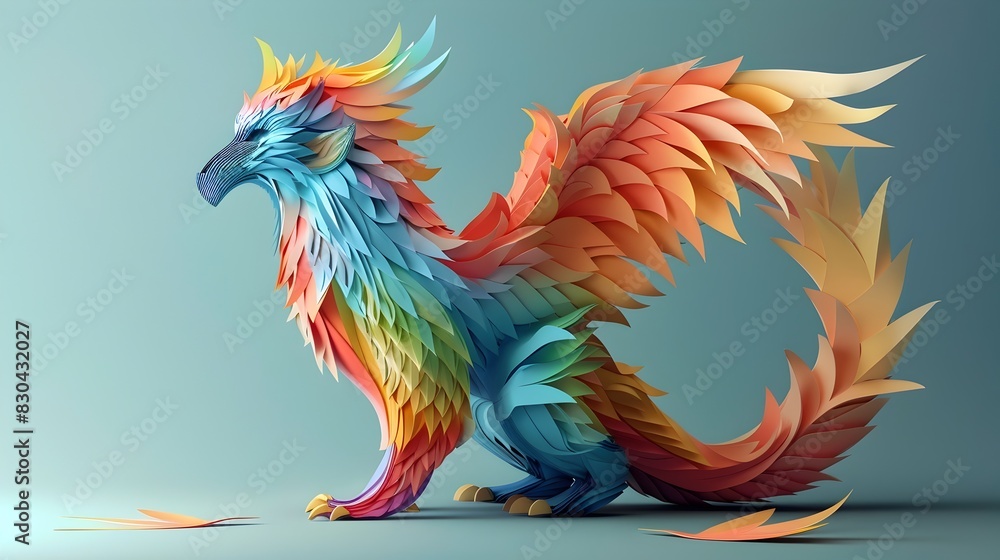 Obraz premium Majestic Sculptural Paper Griffin:A Vibrant Mythical Creature in a Contemporary Art Gallery Setting