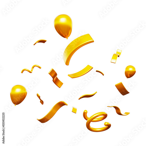 3D illustration of shiny golden Confetti falling isolated on transparent background