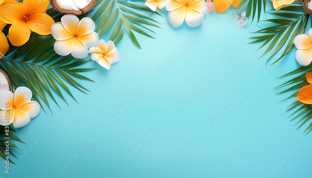 The blue tropical background has a Hawaiian theme and there are flowers and leaves around it. The blue tropical background has a Hawaiian theme and there are flowers and leaves around it.