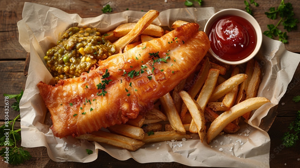 Fish dish and the fries sprinkled with sea salt Fish dish and the fries sprinkled with sea salt