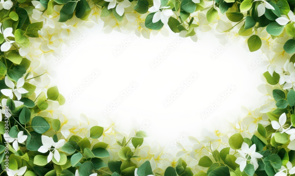 Fototapeta premium frame border of beautiful green leaves and white flowers with blank space for text