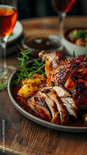 Mouthwatering Whole Grilled Chicken with Tangy Dipping Sauce Served on Rustic Wooden Table in Warm, Inviting Restaurant Setting with Vintage Parisian