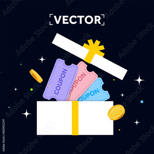 Opened cute gift box with coupons inside and golden coins, isolated on dark background. Coupons or vouchers giveaway banner template. Vector illustration. Vector illustration