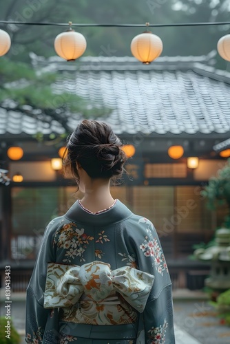 Pensive Woman in Elegant Floral Kimono Gazes at Traditional Japanese House with Hanging Lantern