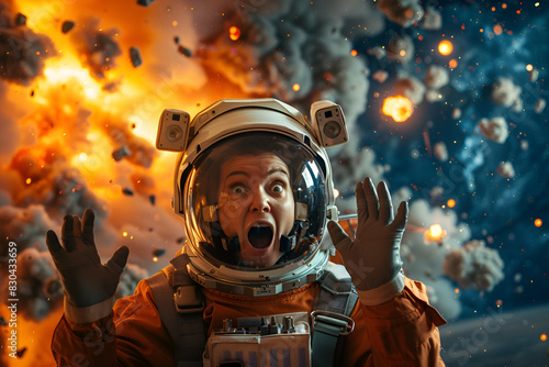 Mushroom explosions in space. Shocked astronaut floating in space suit outside the space station with shocked expression on his face looking at nuclear war.