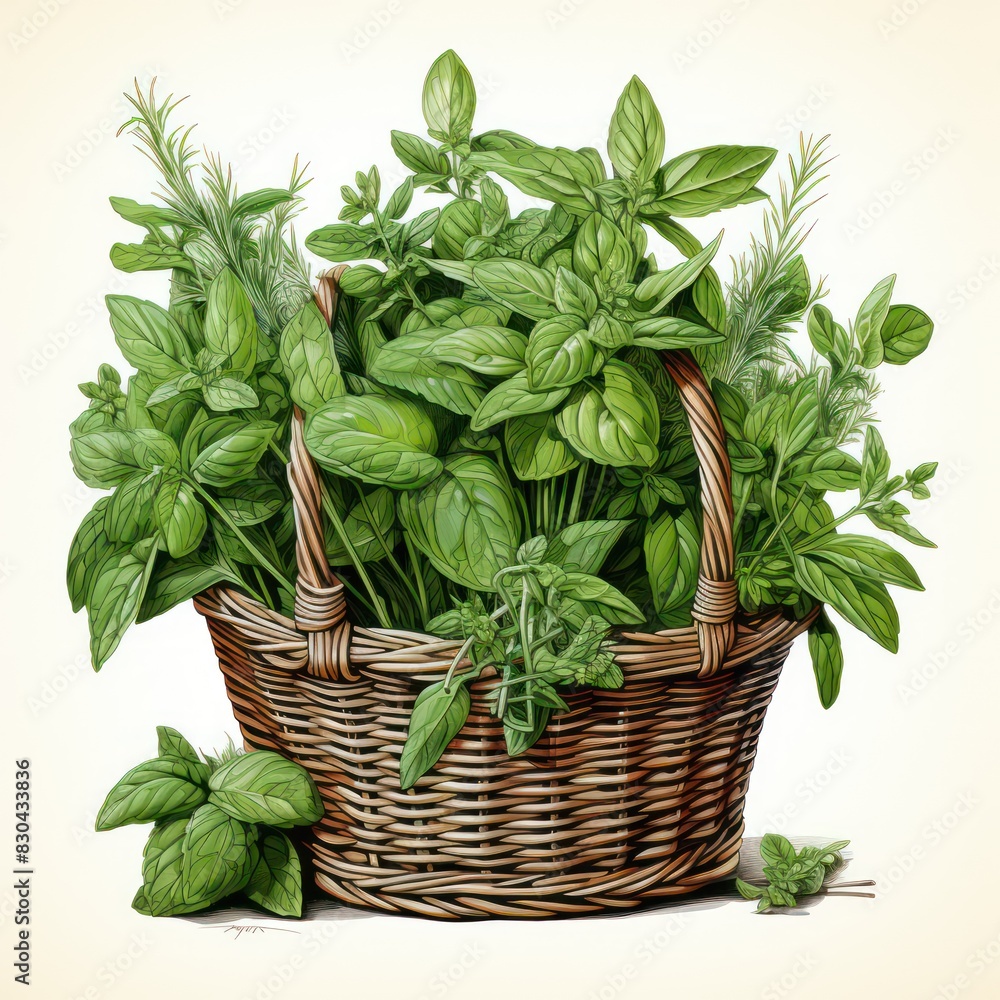 beautiful watercolored illustration of green herbs in a wicker basket isolated on a white background beautiful watercolored illustration of green herbs in a wicker basket isolated on a white background