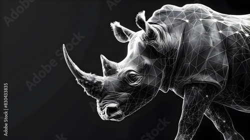Powerful Wireframe Rhinoceros Character - Minimalist Digital 3D Wildlife Art with Geometric Polygon Mesh Structure