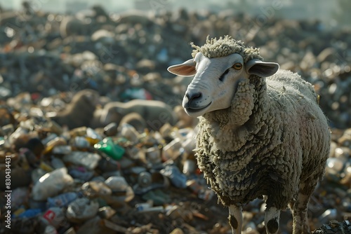 a sheep is on the rubbish heap