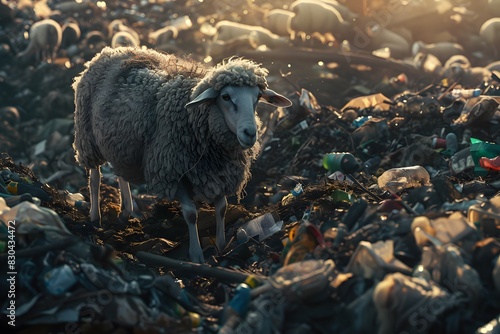a sheep is on the rubbish heap