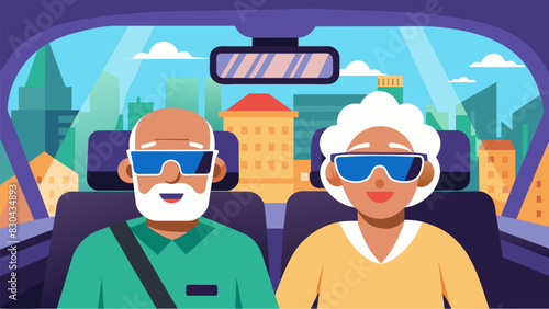The elderly couple in the front seat uses their augmented reality glasses to take a virtual tour of their destination city before they even land.. Vector illustration