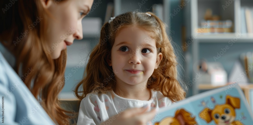 A child holds a card with an illustration of a dog to show his mouth to a therapist in an office during speech therapy on June 1, Children's Day. The focus is on their expressions and interactions as A child holds a card with an illustration of a dog to show his mouth to a therapist in an office during speech therapy on June 1, Children's Day. The focus is on their expressions and interactions as