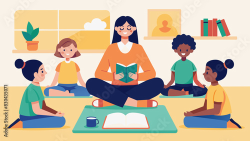 A teacher leads a guided meditation session in the classroom giving students a few moments to center themselves and recharge before diving into their assignments.. Vector illustration