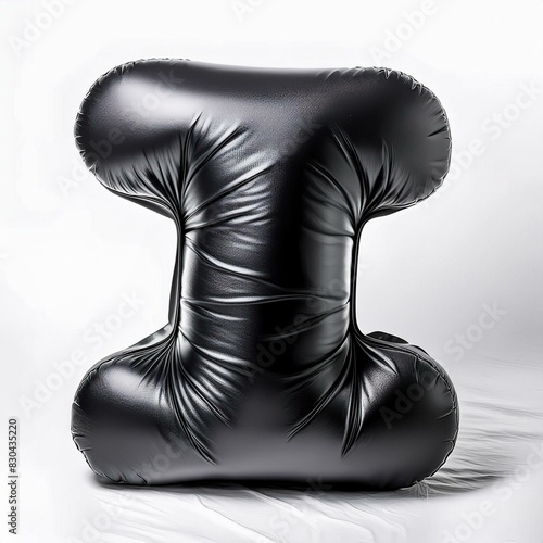 Inflate, puffy shapes made of black soft detailed leather, folds and wrinkles on material, isolated on white.