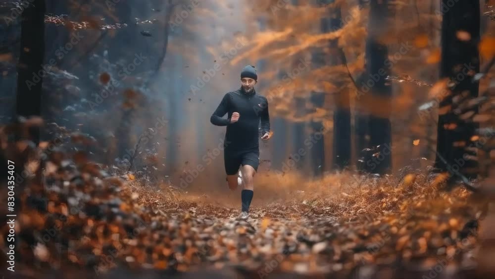 Fitness Enthusiast Jogging Through a Forest Trail in Autumn Fitness Enthusiast Jogging Through a Forest Trail in Autumn
