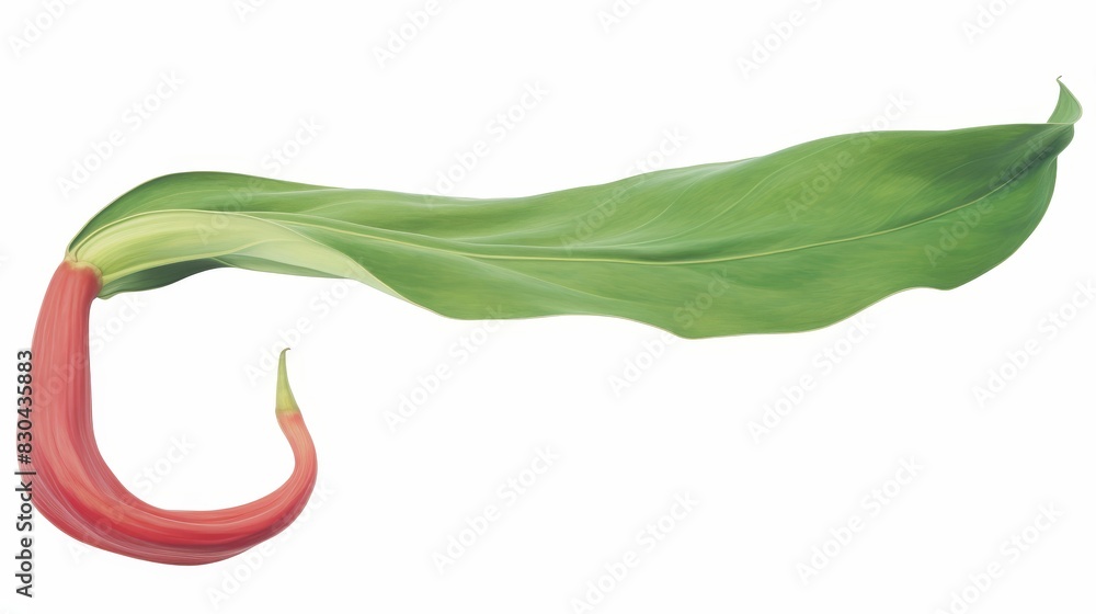 The image shows a green leaf with a red stem, the leaf has a unique shape, the veins of the leaf are clearly visible. The image shows a green leaf with a red stem, the leaf has a unique shape, the veins of the leaf are clearly visible.