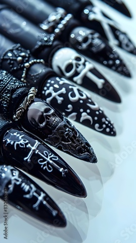 Gothic-Inspired Nail Designs with Skulls and Intricate Cross Motifs