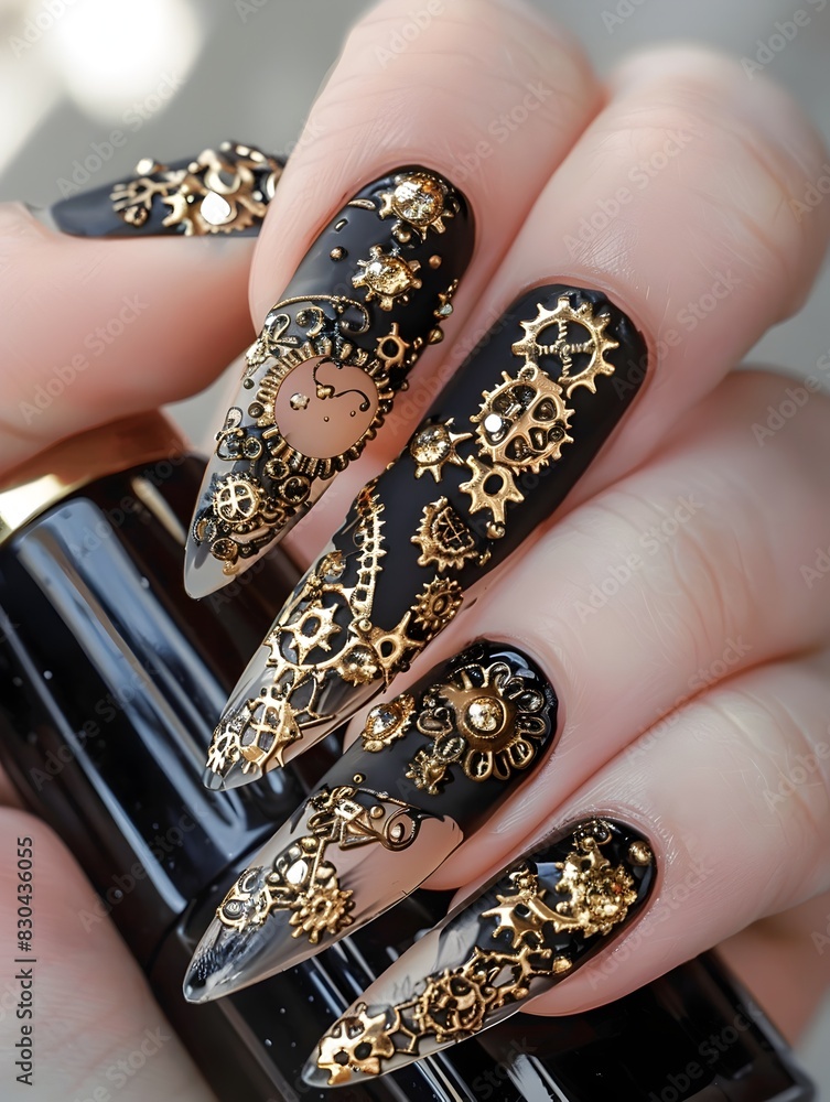 Intricately Designed Steampunk Inspired Nails with Metallic Gears,Cogs,and Accents Intricately Designed Steampunk Inspired Nails with Metallic Gears,Cogs,and Accents