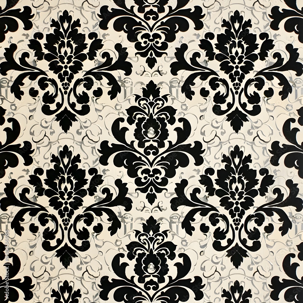 Luxurious Black and White Damask Pattern with Ornate Floral Motifs on a Clean,Minimalist Background Luxurious Black and White Damask Pattern with Ornate Floral Motifs on a Clean,Minimalist Background
