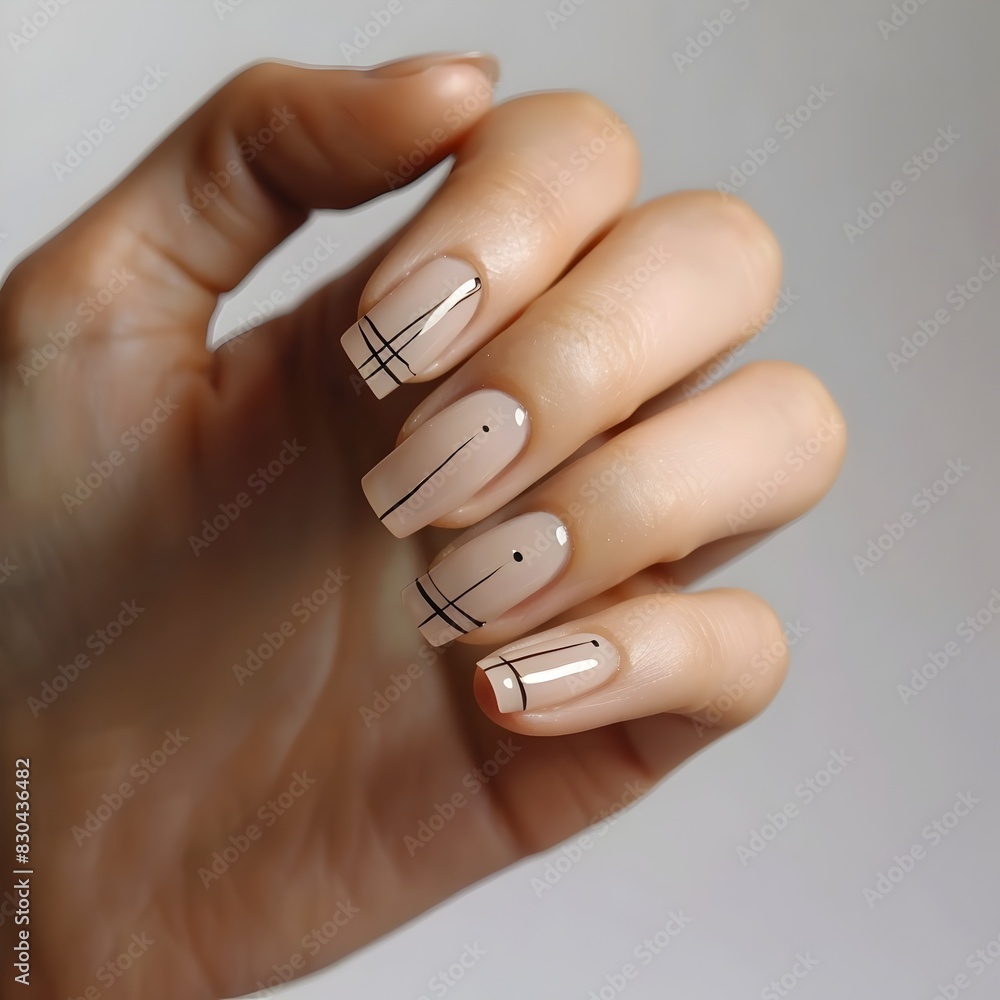 Minimalist Nail Design with Simple Lines and Dots on Light Beige Nails Against White Background Minimalist Nail Design with Simple Lines and Dots on Light Beige Nails Against White Background