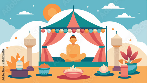 In between workshops fairgoers can take a break and relax in a designated meditation area complete with soothing music and calming scents.. Vector illustration