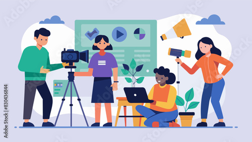 During a workshop on video production students take turns directing filming and editing short films with the guidance of their peers. They learn technical skills and storytelling. Vector illustration