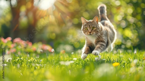 Cute cat jumping on green grass, Happy kitten playing in spring park