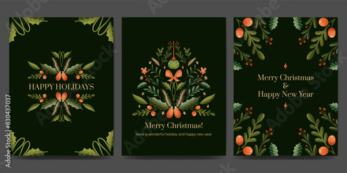 Holiday greetings card with Christmas tree, floral ornament, wreath  or garland winter plant. trendy vintage style.