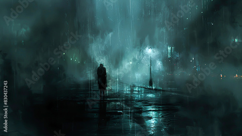 A dark and grungy street scene with wet pavement, dim streetlights, and a solitary figure walking through the mist, highlighting the atmosphere of urban isolation